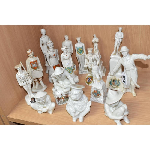 408 - A COLLECTION OF WORLD WAR ONE AND MILITARY THEMED CRESTED WARE, to include 'Over the Top', 'The Bomb... 