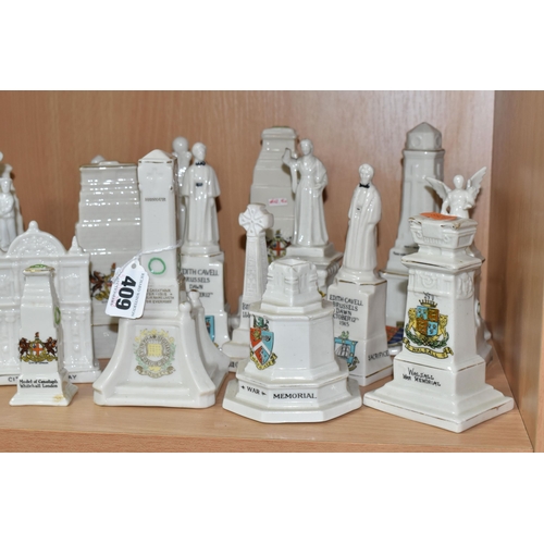 409 - A COLLECTION OF CRESTED WARE IN THE FORM OF WAR MEMORIALS, to include a Goss model of the Cenotaph i... 