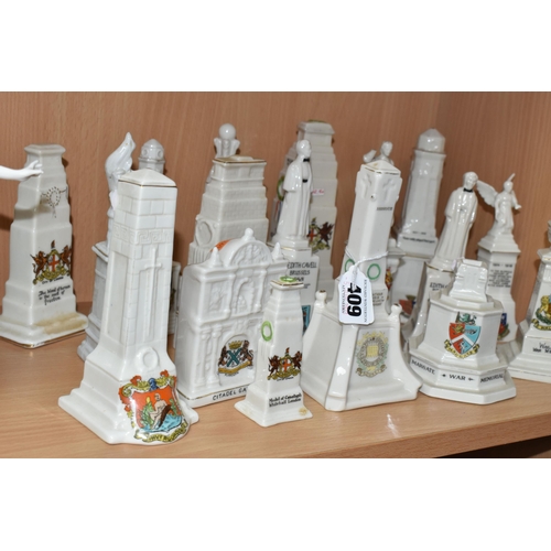 409 - A COLLECTION OF CRESTED WARE IN THE FORM OF WAR MEMORIALS, to include a Goss model of the Cenotaph i... 