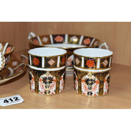 412 - SIX PIECES OF ROYAL CROWN DERBY IMARI 1128 DINNER WARES, comprising two twin handled soup bowls and ... 