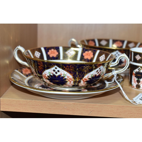 412 - SIX PIECES OF ROYAL CROWN DERBY IMARI 1128 DINNER WARES, comprising two twin handled soup bowls and ... 