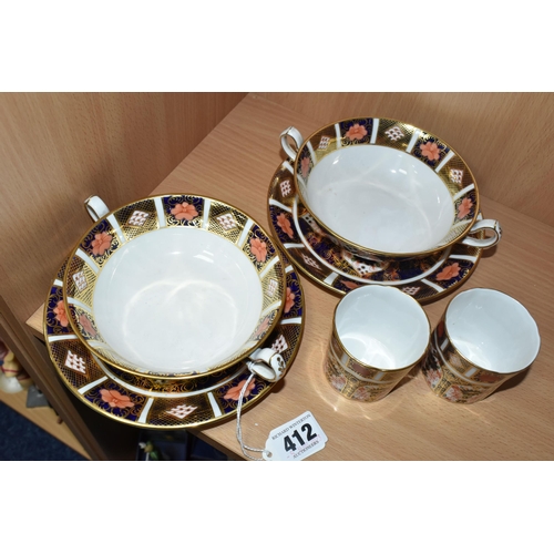 412 - SIX PIECES OF ROYAL CROWN DERBY IMARI 1128 DINNER WARES, comprising two twin handled soup bowls and ... 