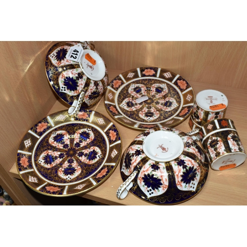 412 - SIX PIECES OF ROYAL CROWN DERBY IMARI 1128 DINNER WARES, comprising two twin handled soup bowls and ... 