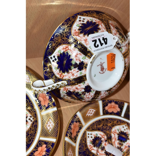 412 - SIX PIECES OF ROYAL CROWN DERBY IMARI 1128 DINNER WARES, comprising two twin handled soup bowls and ... 