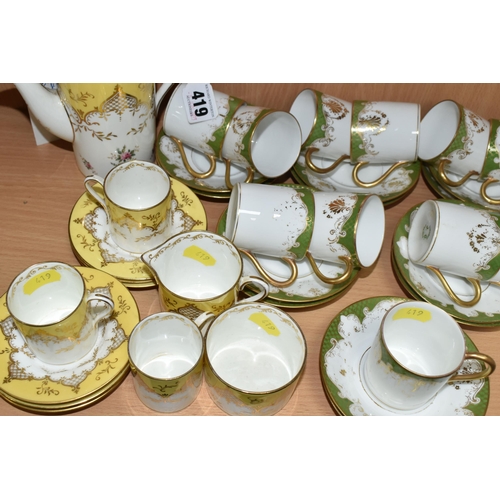 419 - A COLLECTION OF COFFEE WARE, comprising a Coalport cabinet Demitasse yellow and white 5879 pattern c... 