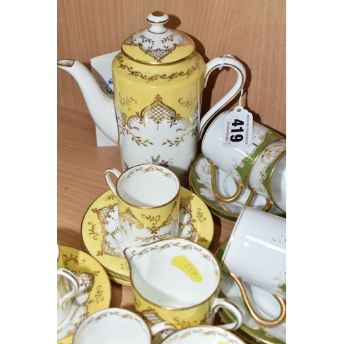 419 - A COLLECTION OF COFFEE WARE, comprising a Coalport cabinet Demitasse yellow and white 5879 pattern c... 