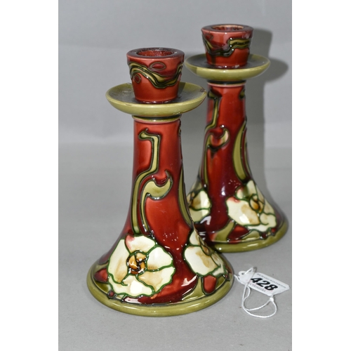 428 - A PAIR OF MINTON No.1 SECESSIONIST ART NOUVEAU CANDLE STICKS, green tube lined decoration of cream s... 