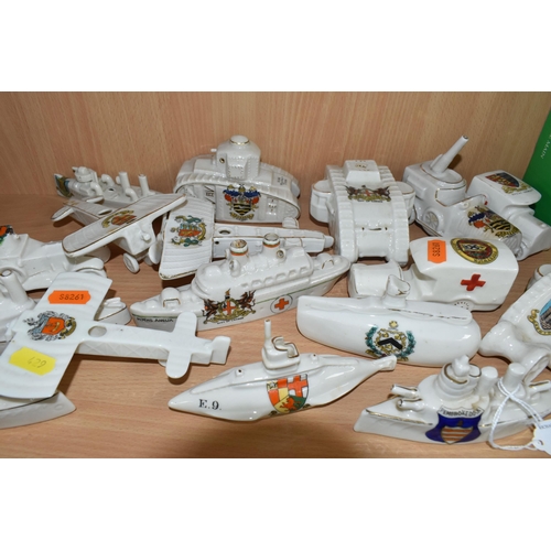 429 - A GROUP OF ASSORTED CRESTED WARE MILITARY WW1 VEHICLES, comprising a Carlton china submarine  with a... 