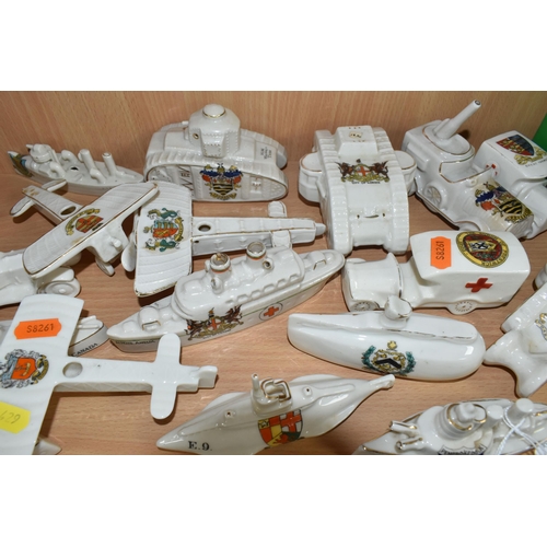 429 - A GROUP OF ASSORTED CRESTED WARE MILITARY WW1 VEHICLES, comprising a Carlton china submarine  with a... 