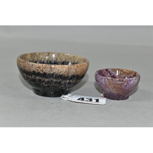 431 - TWO FLUORITE MINIATURE BOWLS, the smaller bowl is possibly Blue John, natural flaws in both, diamete... 