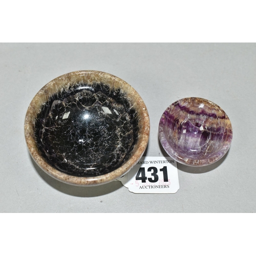 431 - TWO FLUORITE MINIATURE BOWLS, the smaller bowl is possibly Blue John, natural flaws in both, diamete... 