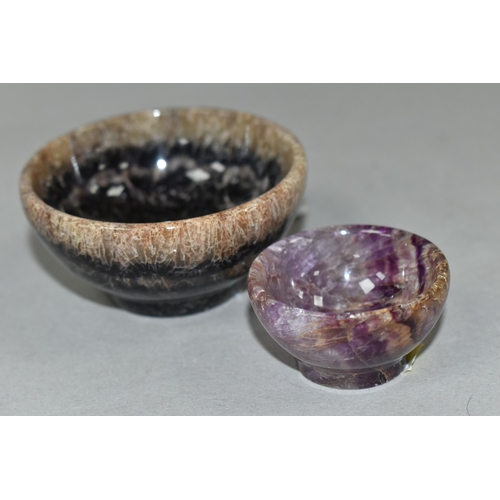 431 - TWO FLUORITE MINIATURE BOWLS, the smaller bowl is possibly Blue John, natural flaws in both, diamete... 