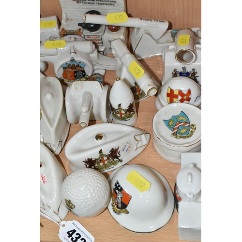 432 - A COLLECTION OF ASSORTED CRESTED WARE, decorated with WW1 detail, comprising a Clifton china Tommy's... 