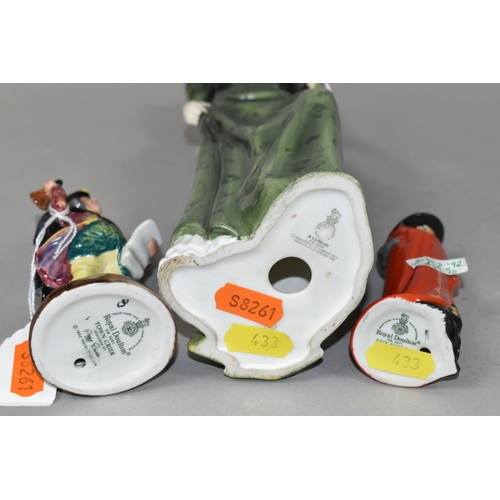 433 - THREE ROYAL DOULTON FIGURES, comprising Town Crier HN3261, height 11cm, Guy Fawkes HN3271, A La Mode... 