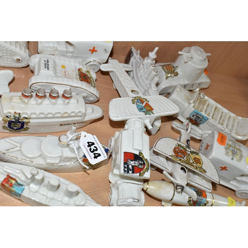 434 - SIXTEEN ASSORTED CRESTED WARE WW1 MILITARY VEHICLES, comprising a Carlton china vintage bus with a T... 