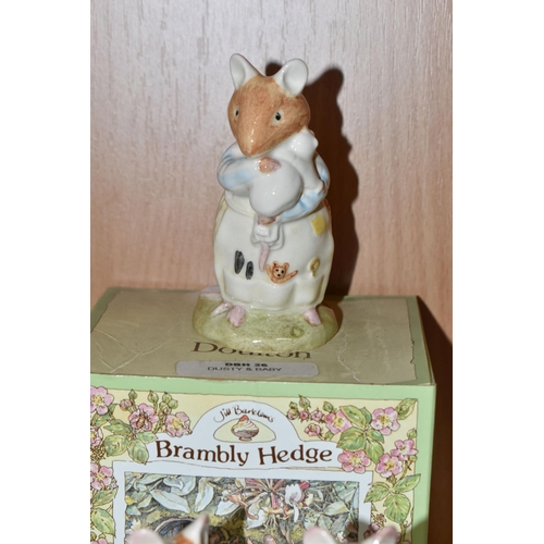 435 - FOURTEEN BOXED ROYAL DOULTON BRAMBLY HEDGE FIGURES, comprising three 'Dusty And Baby' DBH26, 'Mrs Sa... 