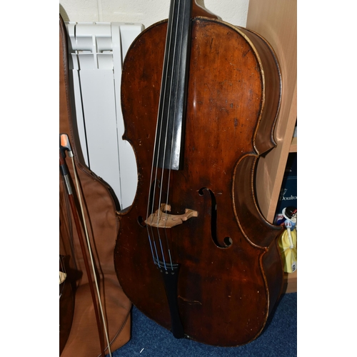 441 - TWO CELLOS, comprising a French cello, length 120cm, body length 74cm, hand written label inside sta... 