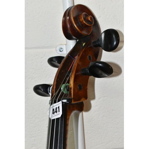 441 - TWO CELLOS, comprising a French cello, length 120cm, body length 74cm, hand written label inside sta... 