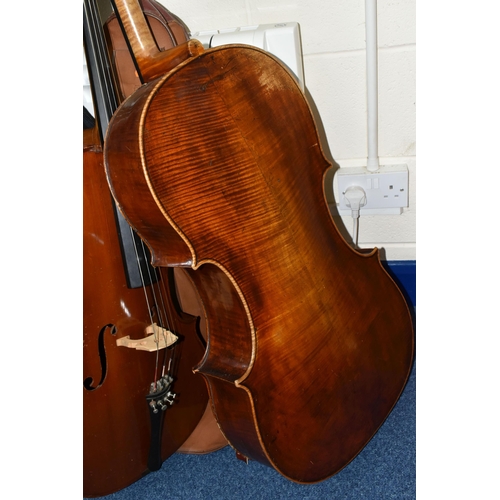 441 - TWO CELLOS, comprising a French cello, length 120cm, body length 74cm, hand written label inside sta... 