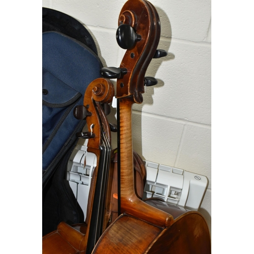 441 - TWO CELLOS, comprising a French cello, length 120cm, body length 74cm, hand written label inside sta... 