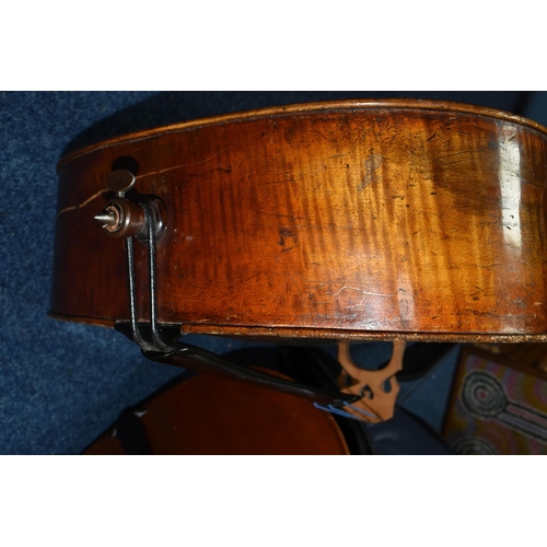 441 - TWO CELLOS, comprising a French cello, length 120cm, body length 74cm, hand written label inside sta... 