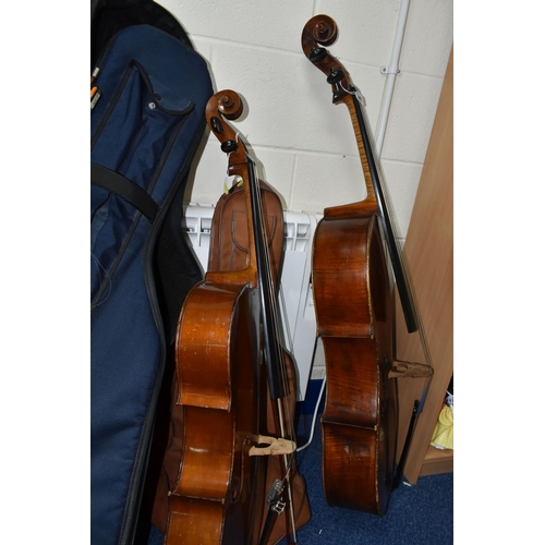 441 - TWO CELLOS, comprising a French cello, length 120cm, body length 74cm, hand written label inside sta... 