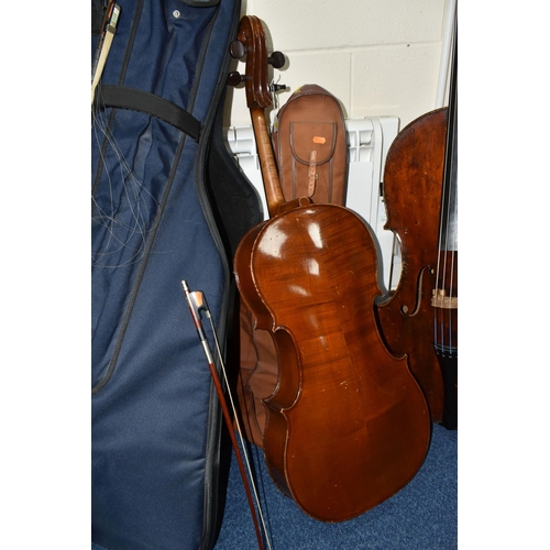 441 - TWO CELLOS, comprising a French cello, length 120cm, body length 74cm, hand written label inside sta... 