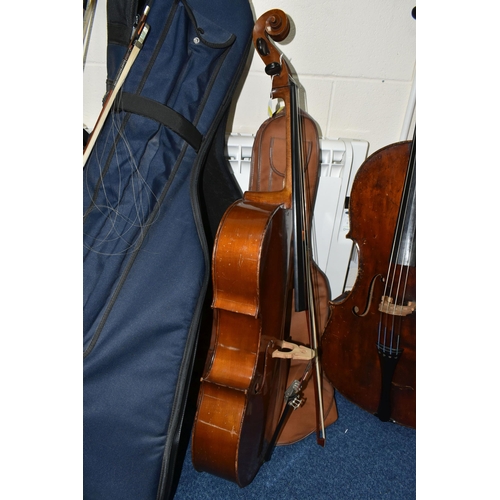 441 - TWO CELLOS, comprising a French cello, length 120cm, body length 74cm, hand written label inside sta... 