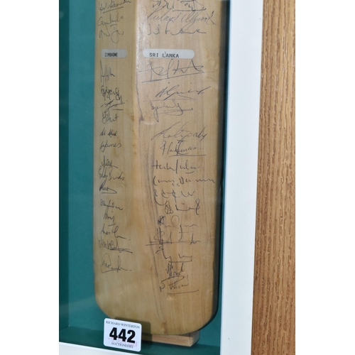 442 - A Cricket Bat in a sealed frame the reverse side is autographed by teams from South Africa, England,... 