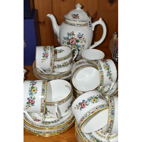 447 - A COALPORT 'MIG ROSE' PATTERN COFFEE SET, comprising coffee pot (base stand is broken), nine cups, t... 