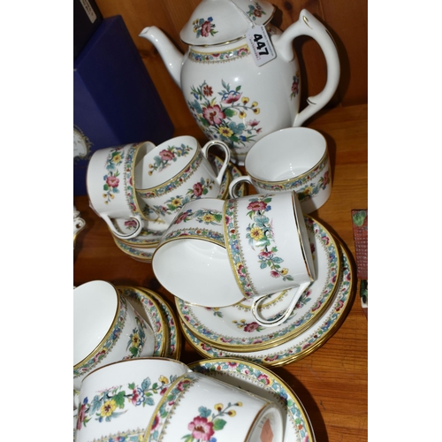 447 - A COALPORT 'MIG ROSE' PATTERN COFFEE SET, comprising coffee pot (base stand is broken), nine cups, t... 