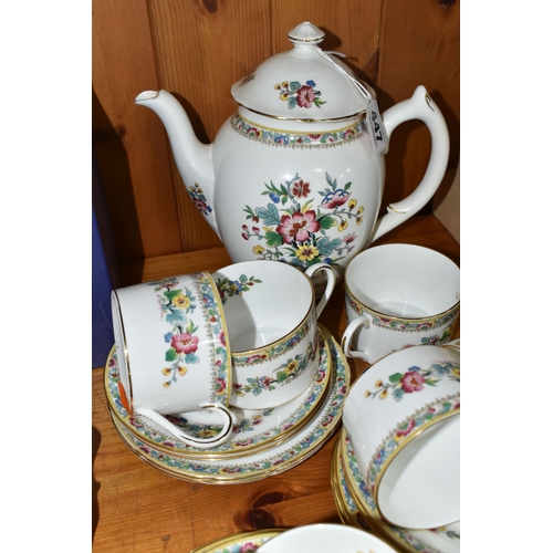 447 - A COALPORT 'MIG ROSE' PATTERN COFFEE SET, comprising coffee pot (base stand is broken), nine cups, t... 