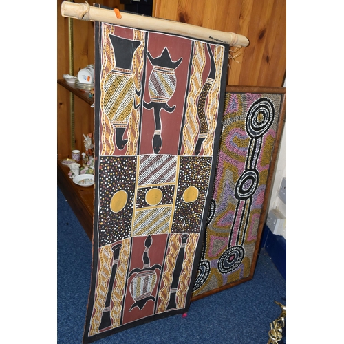 449 - A COLLECTION OF ABORIGINAL ART FIGURES AND BARK PAINTING, comprising three carved wood bird figures ... 