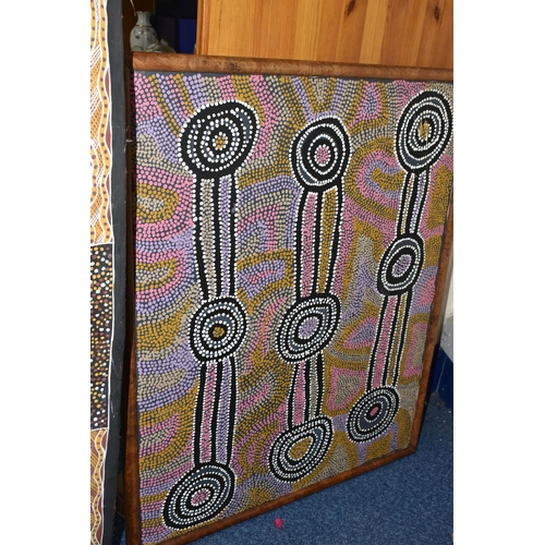 449 - A COLLECTION OF ABORIGINAL ART FIGURES AND BARK PAINTING, comprising three carved wood bird figures ... 