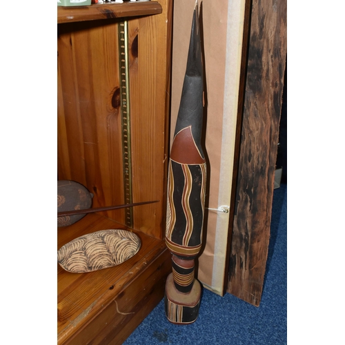 449 - A COLLECTION OF ABORIGINAL ART FIGURES AND BARK PAINTING, comprising three carved wood bird figures ... 