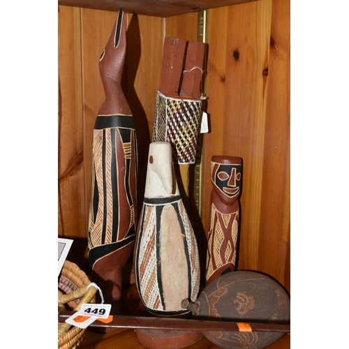 449 - A COLLECTION OF ABORIGINAL ART FIGURES AND BARK PAINTING, comprising three carved wood bird figures ... 