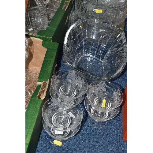 461 - TWO BOXES AND LOOSE CUT AND PRESSED GLASS WARES ETC, to include a pair of matched ships decanters, p... 