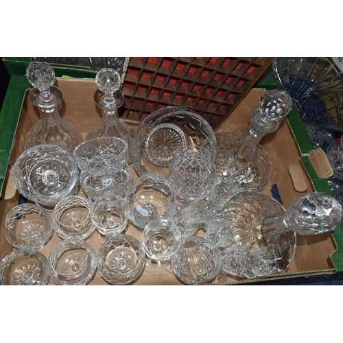 461 - TWO BOXES AND LOOSE CUT AND PRESSED GLASS WARES ETC, to include a pair of matched ships decanters, p... 