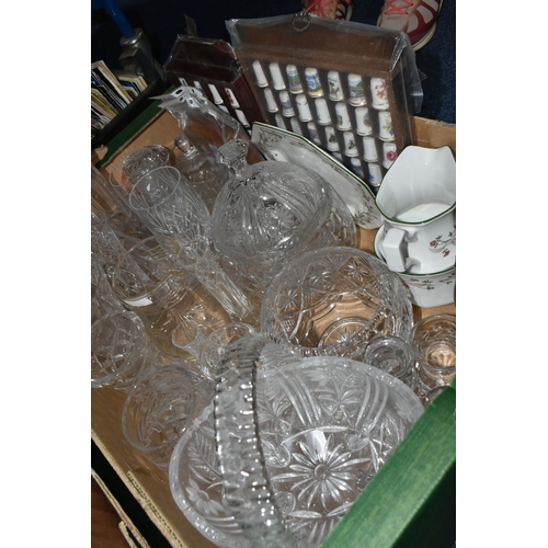 461 - TWO BOXES AND LOOSE CUT AND PRESSED GLASS WARES ETC, to include a pair of matched ships decanters, p... 