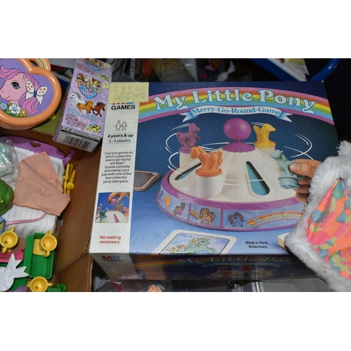 464 - A BOX OF MY LITTLE PONY ACCESSORIES, to include a boxed Merry-Go-Round-Game, Perfume Puff Palace, as... 