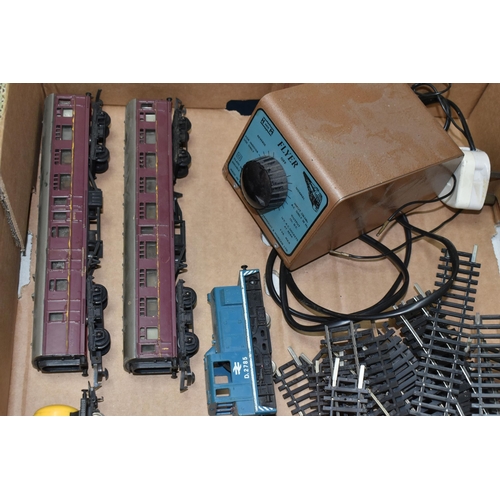 466 - A BOX OF MODEL RAILWAY ITEMS, comprising two controllers by Telos and H & M Flyer, a quantity of Hor... 