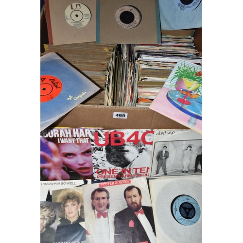 469 - A BOX OF VINYL SINGLES, over three hundred records, artists to include Ian Drury and the Blockheads,... 