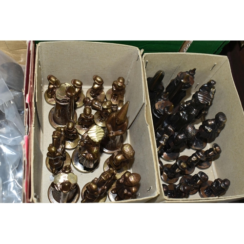 479 - FOUR BOXES OF METALWARE, to include a full set of brass chess pieces, a quantity of reproduction pic... 