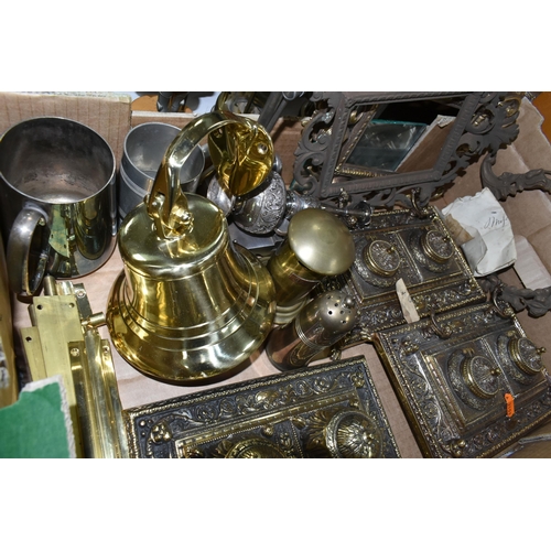 479 - FOUR BOXES OF METALWARE, to include a full set of brass chess pieces, a quantity of reproduction pic... 