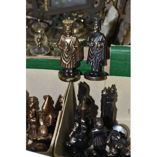 479 - FOUR BOXES OF METALWARE, to include a full set of brass chess pieces, a quantity of reproduction pic... 