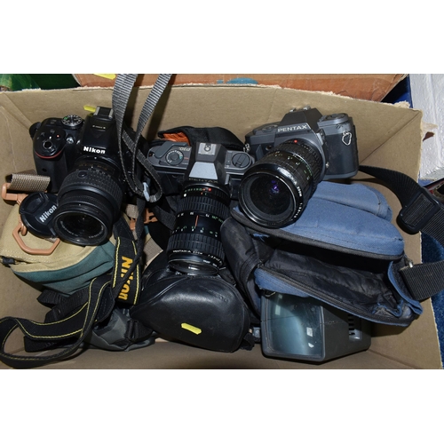 485 - TWO BOXES OF CAMERAS, AND BINOCULARS, to include a Nikon D5300 camera, two Pentax P30 cameras with a... 