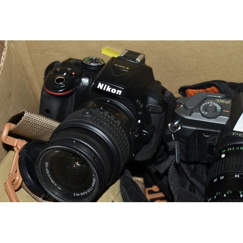 485 - TWO BOXES OF CAMERAS, AND BINOCULARS, to include a Nikon D5300 camera, two Pentax P30 cameras with a... 