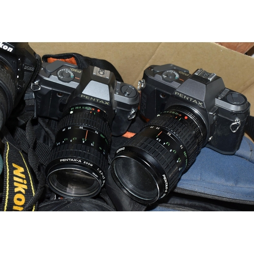 485 - TWO BOXES OF CAMERAS, AND BINOCULARS, to include a Nikon D5300 camera, two Pentax P30 cameras with a... 