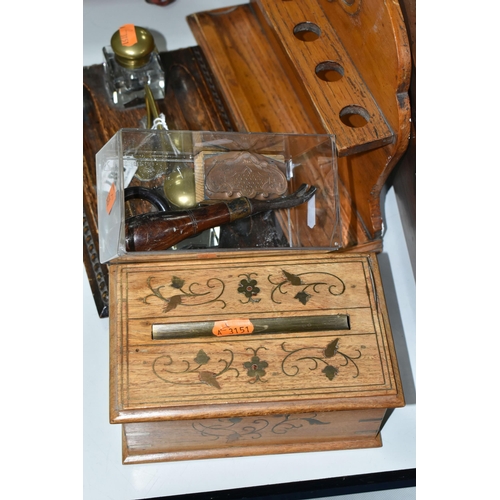 487 - A GROUP OF TREEN, to include a Victorian sarcophagus form tea caddy in need of some attention, heigh... 