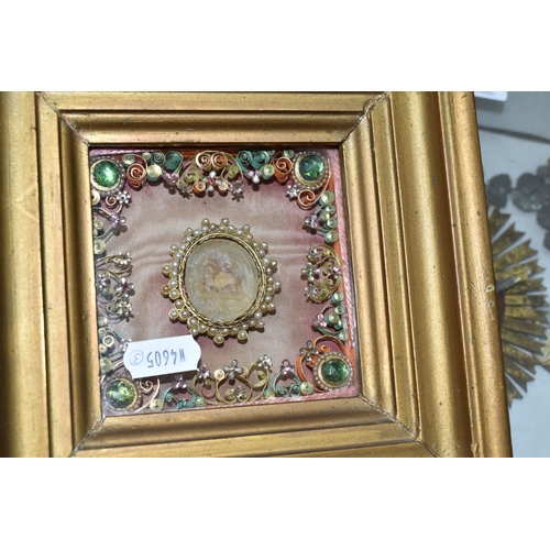 491 - TWO FRAMED VICTORIAN RELIQUARY STYLE PICTURES, comprising a small gilt frame, containing a border of... 